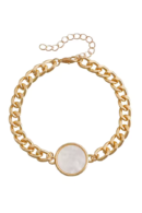 18k Gold Plated Wide Link Chain Bracelet with Natural Round White Shell Inlay – Stainless Steel Jewelry