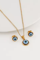 18k Gold Plated Stainless Steel Tarnish-Free Waterproof Evil Eye Necklace and Earrings Set for Women