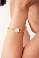 18k Gold Plated Wide Link Chain Bracelet with Natural Round White Shell Inlay – Stainless Steel Jewelry